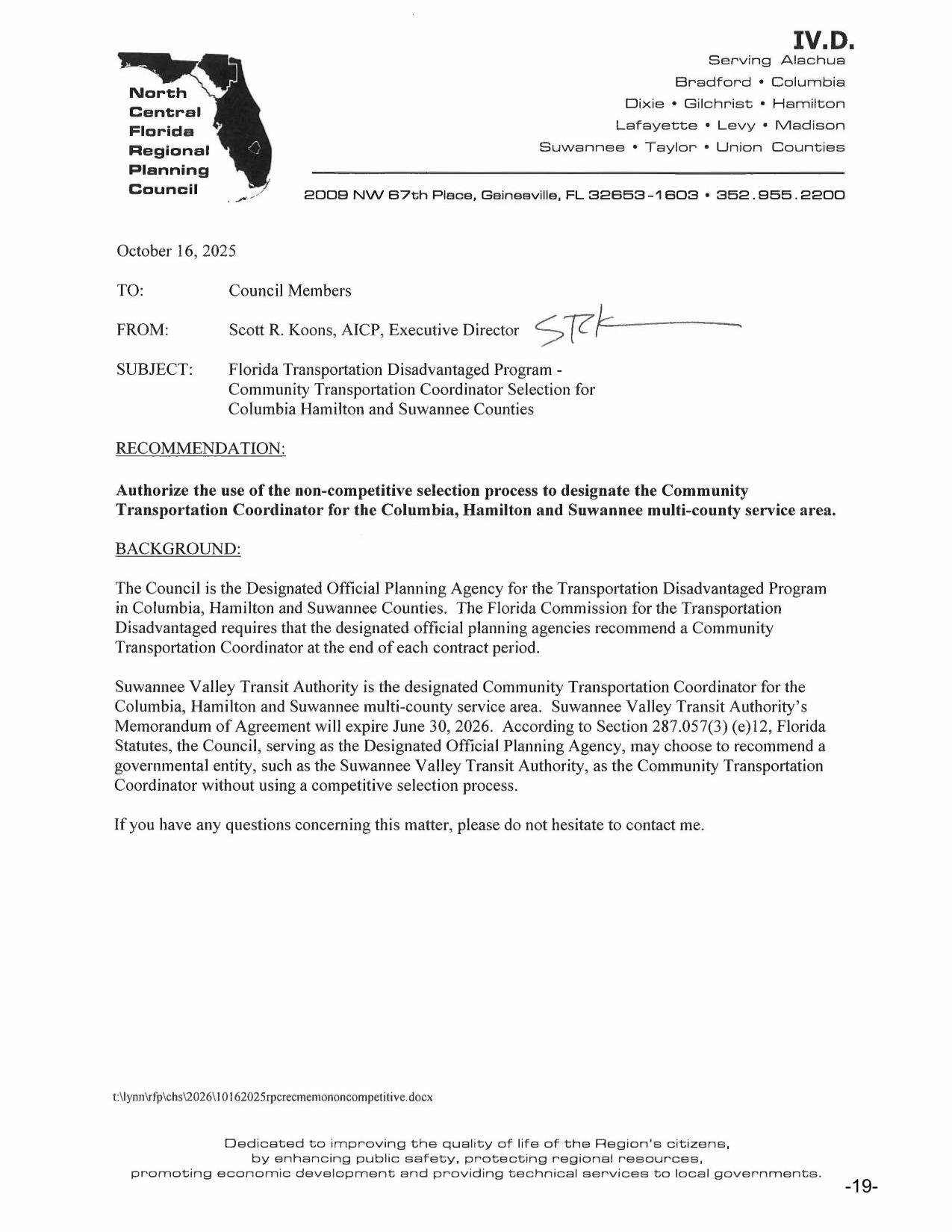 Community Transportation Coordinator Selection for Columbia Hamilton and Suwannee Counties