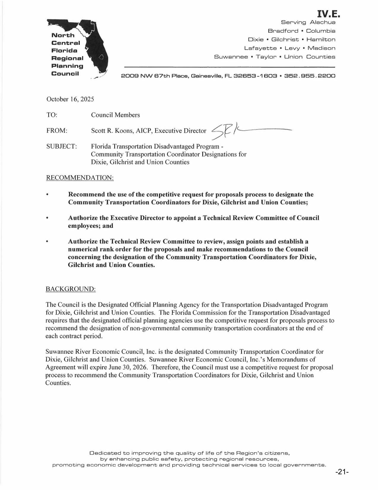 Community Transportation Coordinator Selection for Dixie, Gilchrist and Union Counties