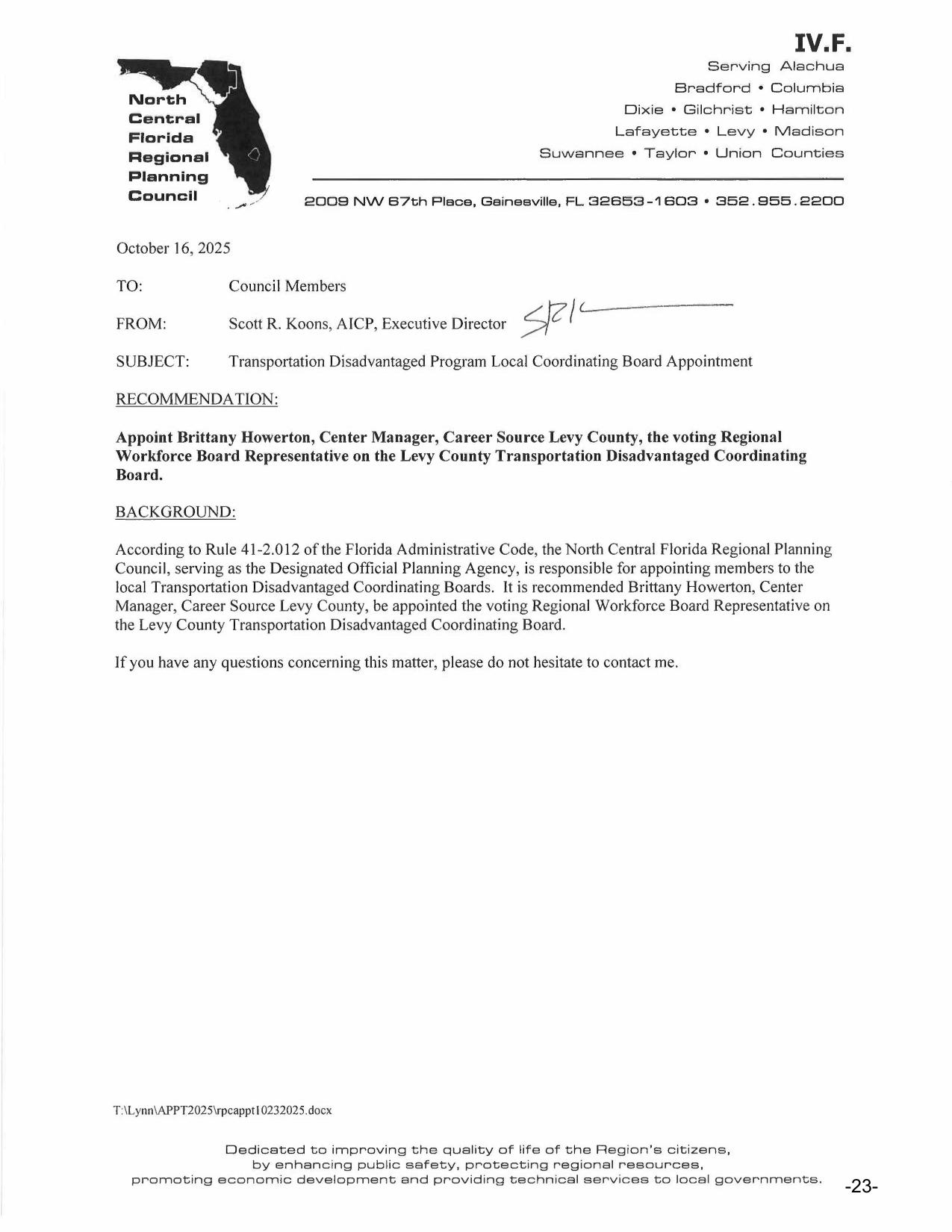 Transportation Disadvantaged Program Local Coordinating Board Appointment