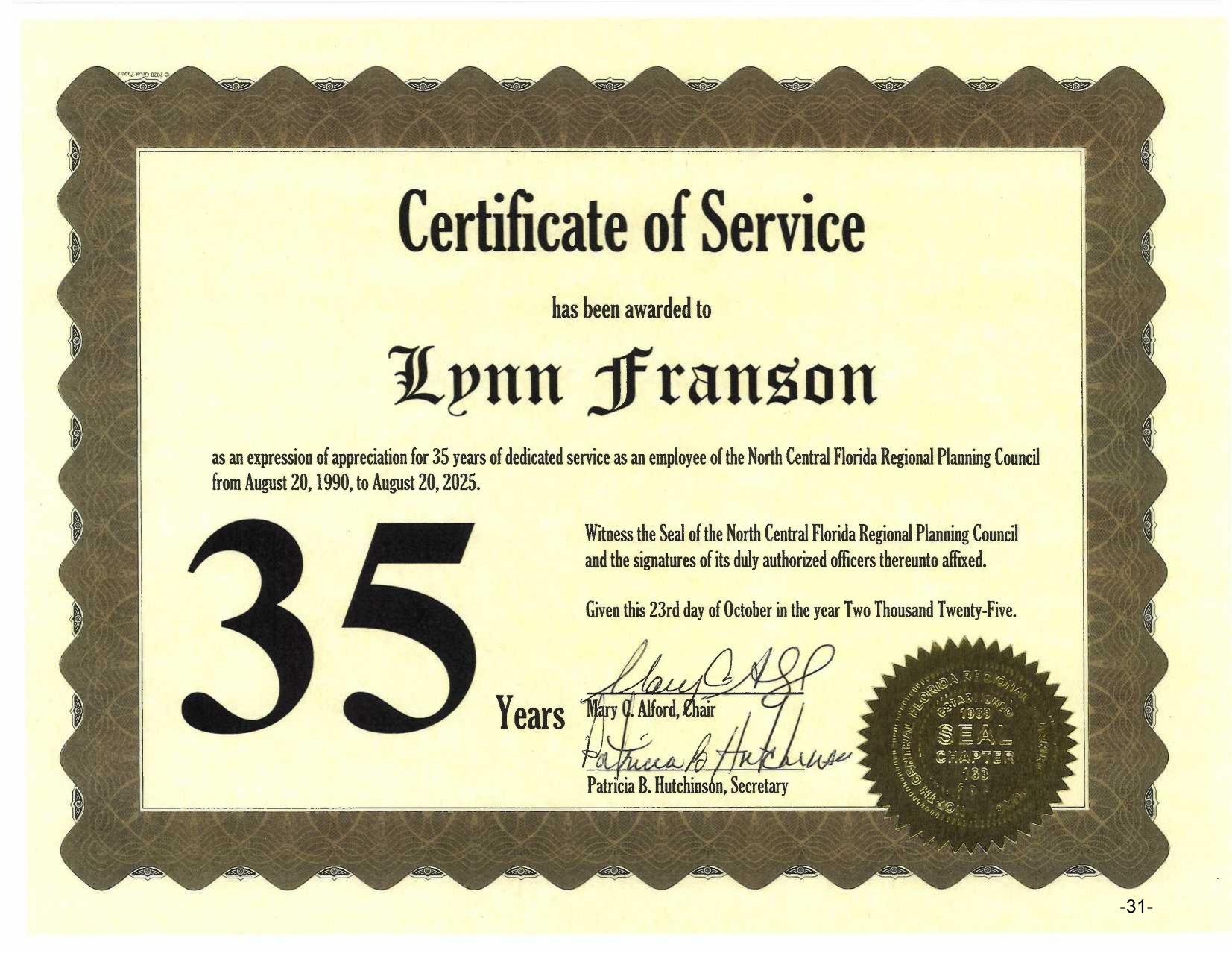 Certificate of Service to Lynn Franson, 35 years