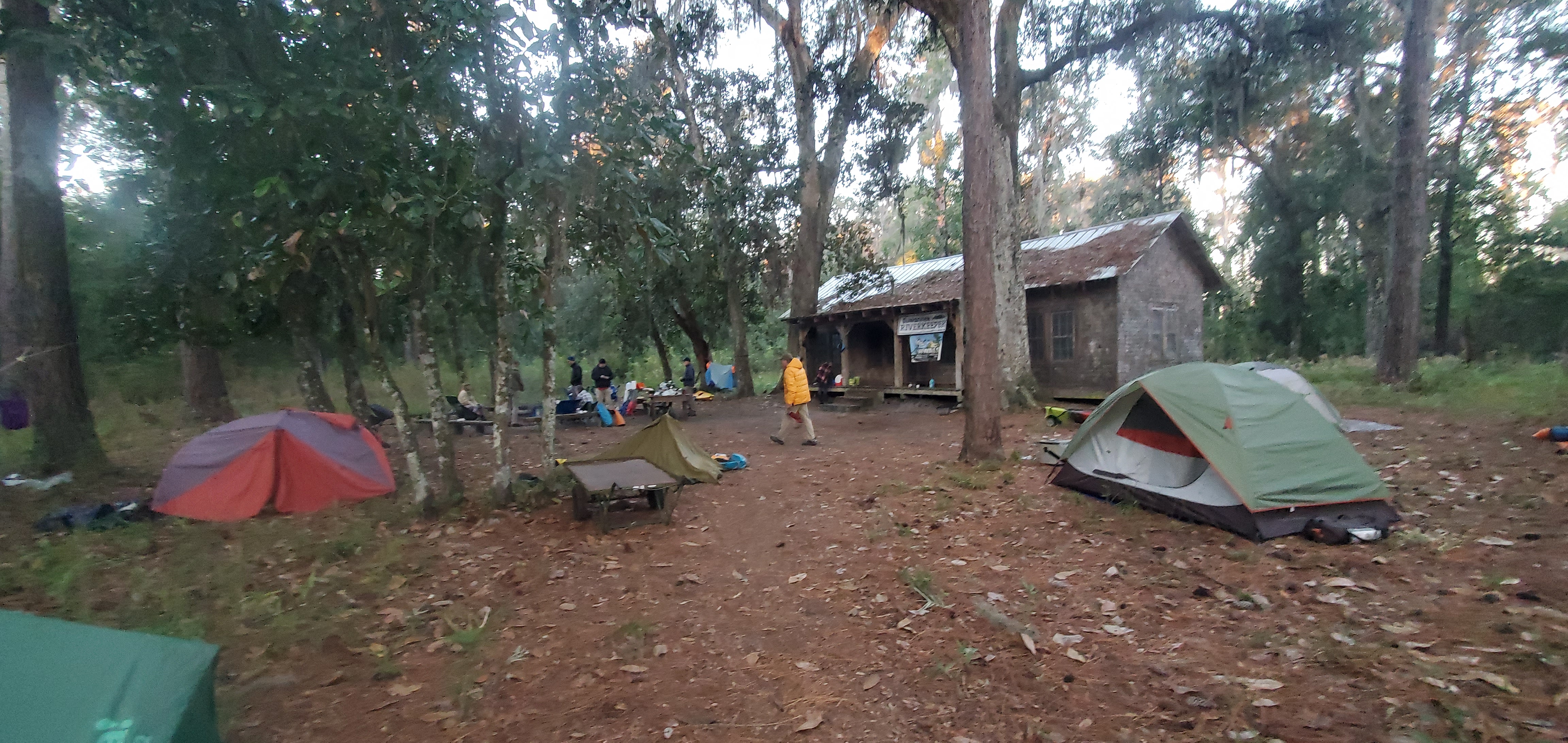 Hebard Cabin, morning tents, Floyds Island, 2023-11-05, 07:03:10, 30.8562662, -82.2664029