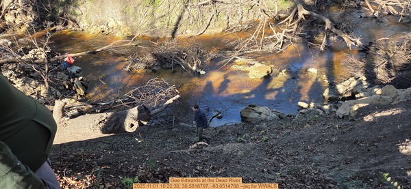 Gee Edwards at the Dead River, 2025:11:01 10:22:30, 30.5818797, -83.0514766 --jsq for WWALS