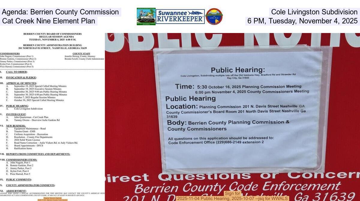 Agenda: Berrien County Commission, Cole Livingston Subdivision, Cat Creek Nine Element Plan, 6 PM, Tuesday, November 4, 2025