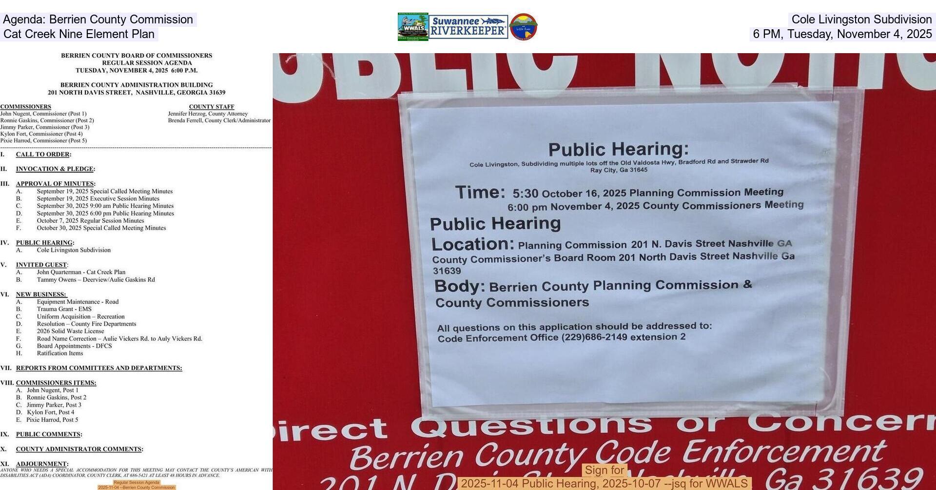 [Agenda: Berrien County Commission, Cole Livingston Subdivision, Cat Creek Nine Element Plan, 6 PM, Tuesday, November 4, 2025]