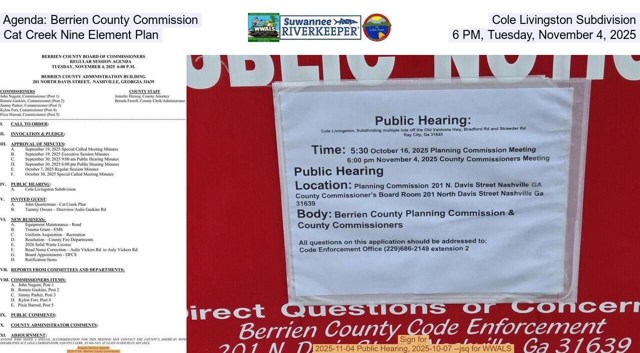 Agenda: Berrien County Commission, Cole Livingston Subdivision, Cat Creek Nine Element Plan, 6 PM, Tuesday, November 4, 2025