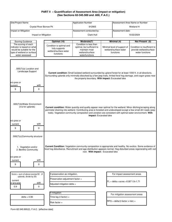 Current condition: Water quantity and quality appear near optimal for the wetland. Minor ditching/scraping along perimeter draining into wetland. Contributing area is forested and undeveloped except a few small dirt roads (jeep trails). Vegetation community composition and zonation are consistent with optimal water environment. With impact: Excavated lake