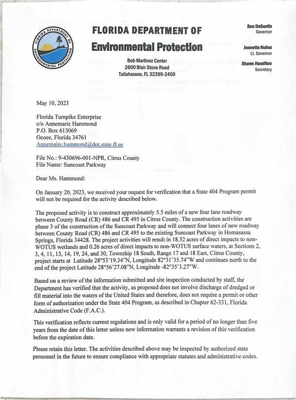 [Based on a review of the information submitted and site inspection conducted by staff, the Department has verified that the activity, as proposed does not involve discharge of dredged or fill material into the waters of the United States and therefore, does not require a permit or other form of authorization under the State 404 Program, as described in Chapter 62-331, Florida Administrative Code (F.A.C.).]