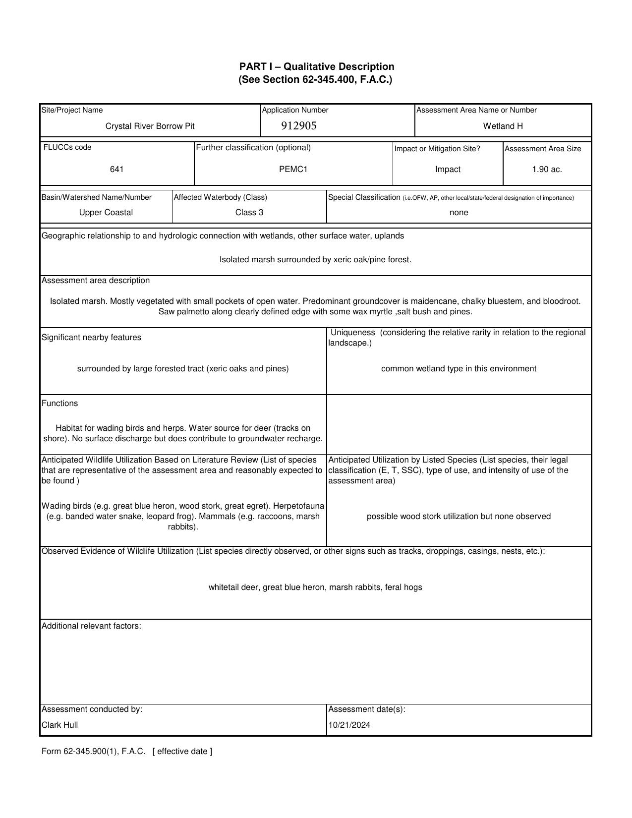 Habitat for wading birds and herps. Water source for deer (tracks on shore). No surface discharge but does contribute to groundwater recharge.