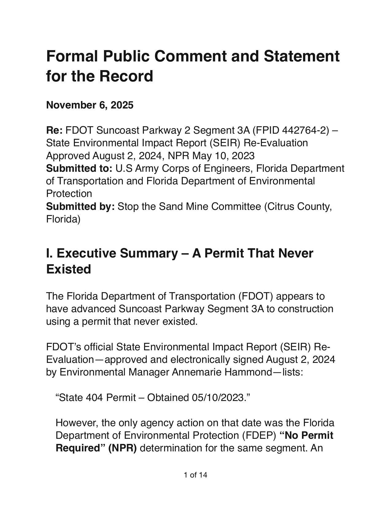 I. Executive Summary – A Permit That Never Existed