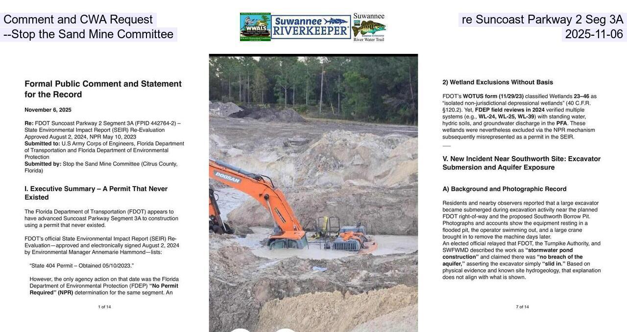Comment and CWA Request, re Suncoast Parkway 2 Seg 3A --Stop the Sand Mine Committee, 2025-11-06