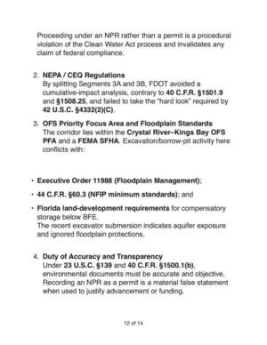 [2. NEPA / CEQ Regulations 3. OFS Priority Focus Area and Floodplain Standards 4. Duty of Accuracy and Transparency]