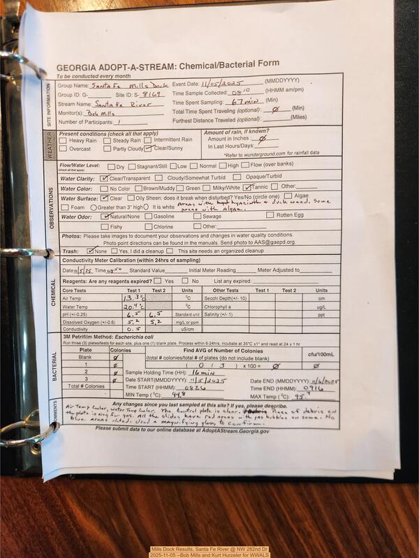 Mills Dock Results, Santa Fe River @ NW 282nd Dr 2025-11-05 --Bob Mills and Kurt Hurzeler for WWALS