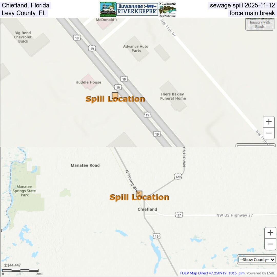 Chiefland, Florida, sewage spill 2025-11-12, Levy County, FL, force main break