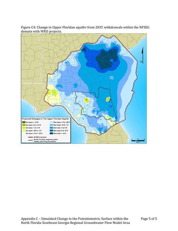 Figure C4: Change in Upper Floridan aquifer from 2035 withdrawals within the NFSEG domain with WRD projects.