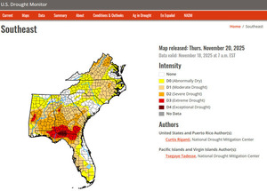 [Map: U.S. Southeast Drought Monitor 2025-11-20 Data valid: November 18, 2025 at 7 a.m. EST]