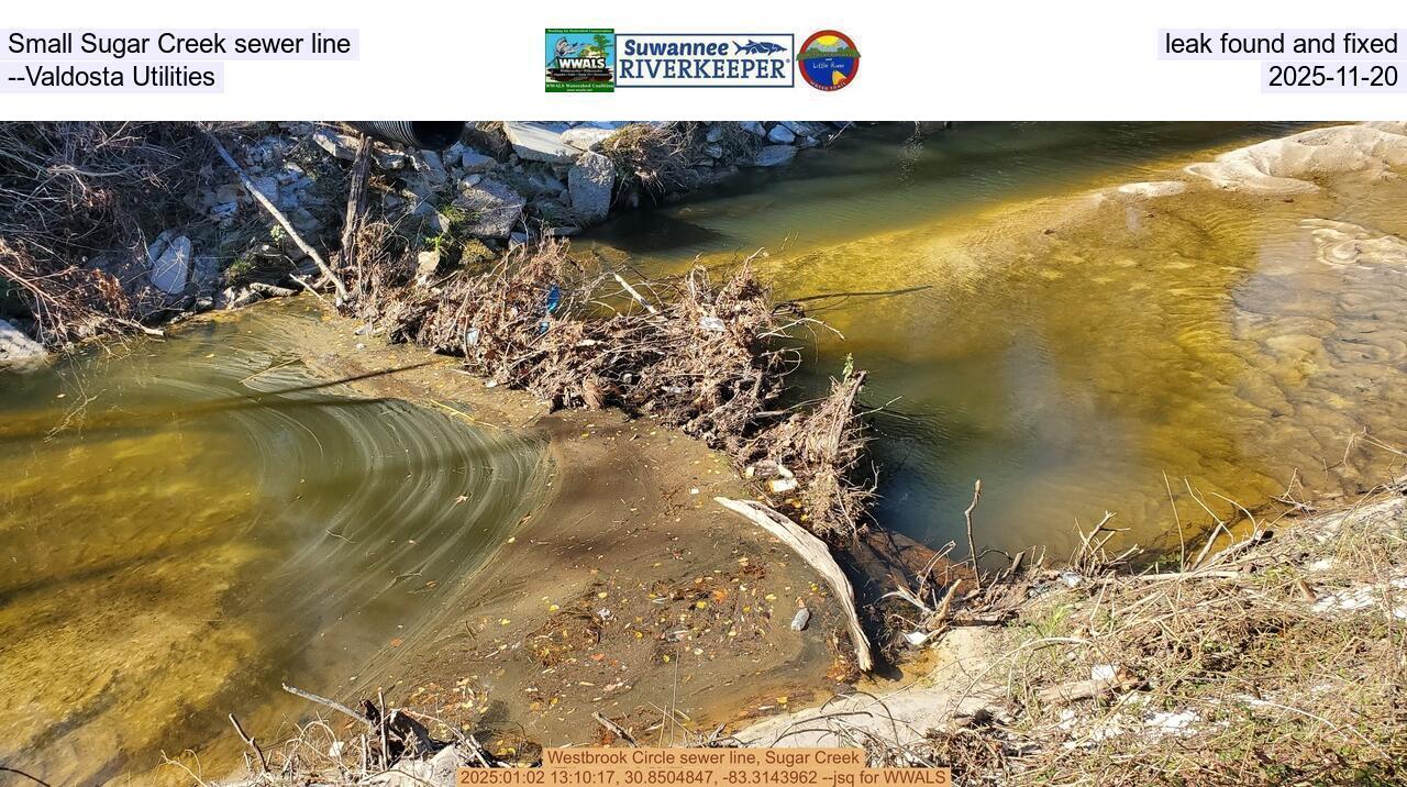 Small Sugar Creek sewer line leak found and fixed --Valdosta Utilities, 2025-11-20