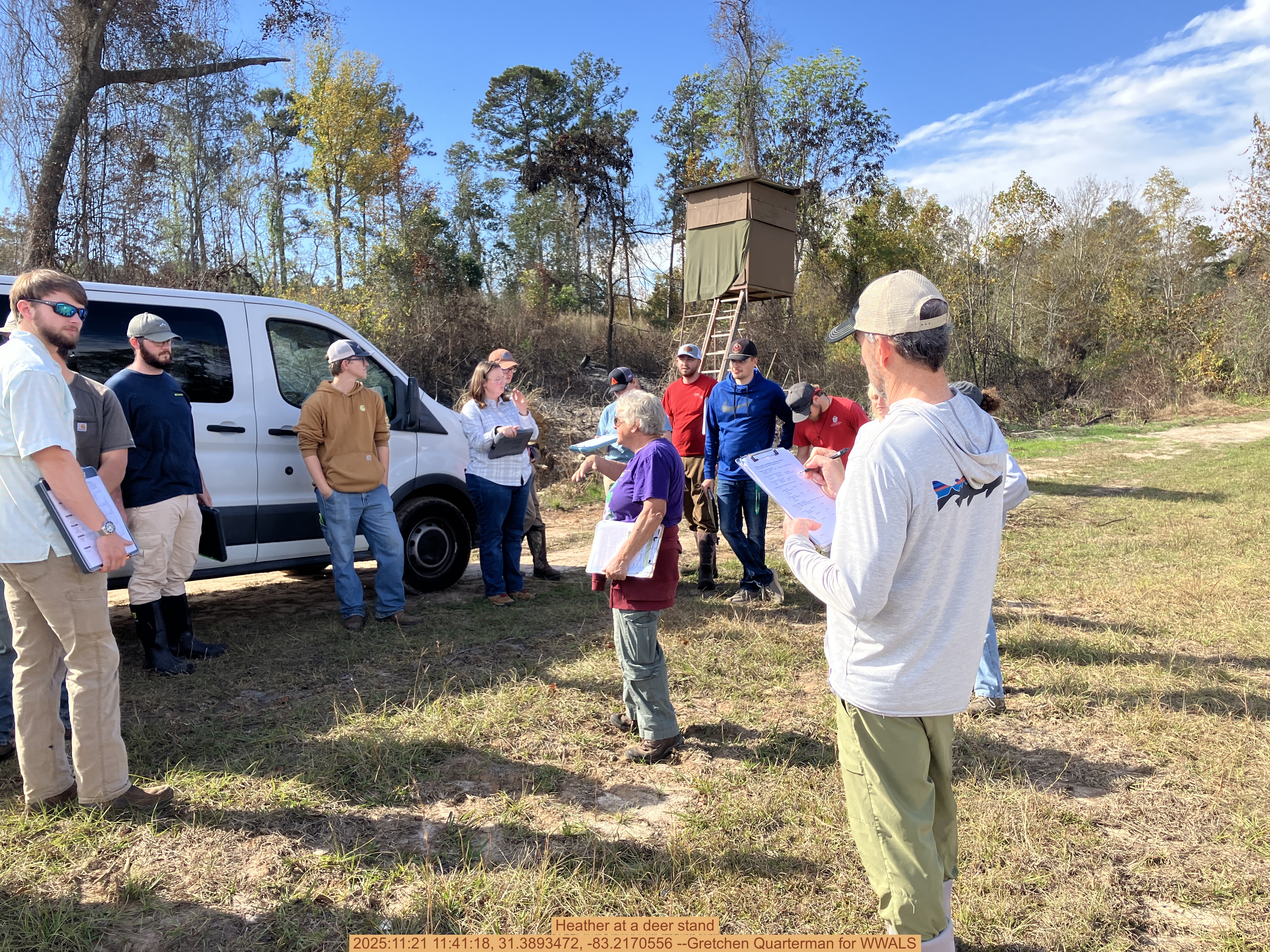 Heather at a deer stand, 2025:11:21 11:41:18, 31.3893472, -83.2170556 --Gretchen Quarterman for WWALS