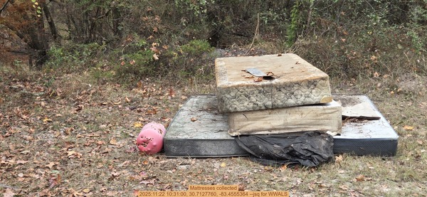 Mattresses collected, 2025:11:22 10:31:00, 30.7127760, -83.4555364 --jsq for WWALS