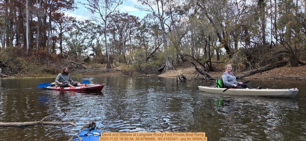 [David and Melissa at Langdale Rocky Ford Private Boat Ramp, 2025:11:22 16:00:34, 30.6796985, -83.4162341 --jsq for WWALS]