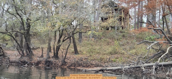 Closeup Godwin Bluff Hunt Shack, 2025:11:22 16:07:12, 30.6785287, -83.4187977 --jsq for WWALS