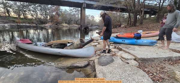 [Will and the canoe full of trash, 2025:11:22 17:14:31, 30.6747072, -83.3942709 --jsq for WWALS]