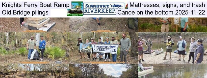 Knights Ferry Boat Ramp, Mattresses, signs, and trash, Old Bridge pilings, Canoe on the bottom 2025-11-22