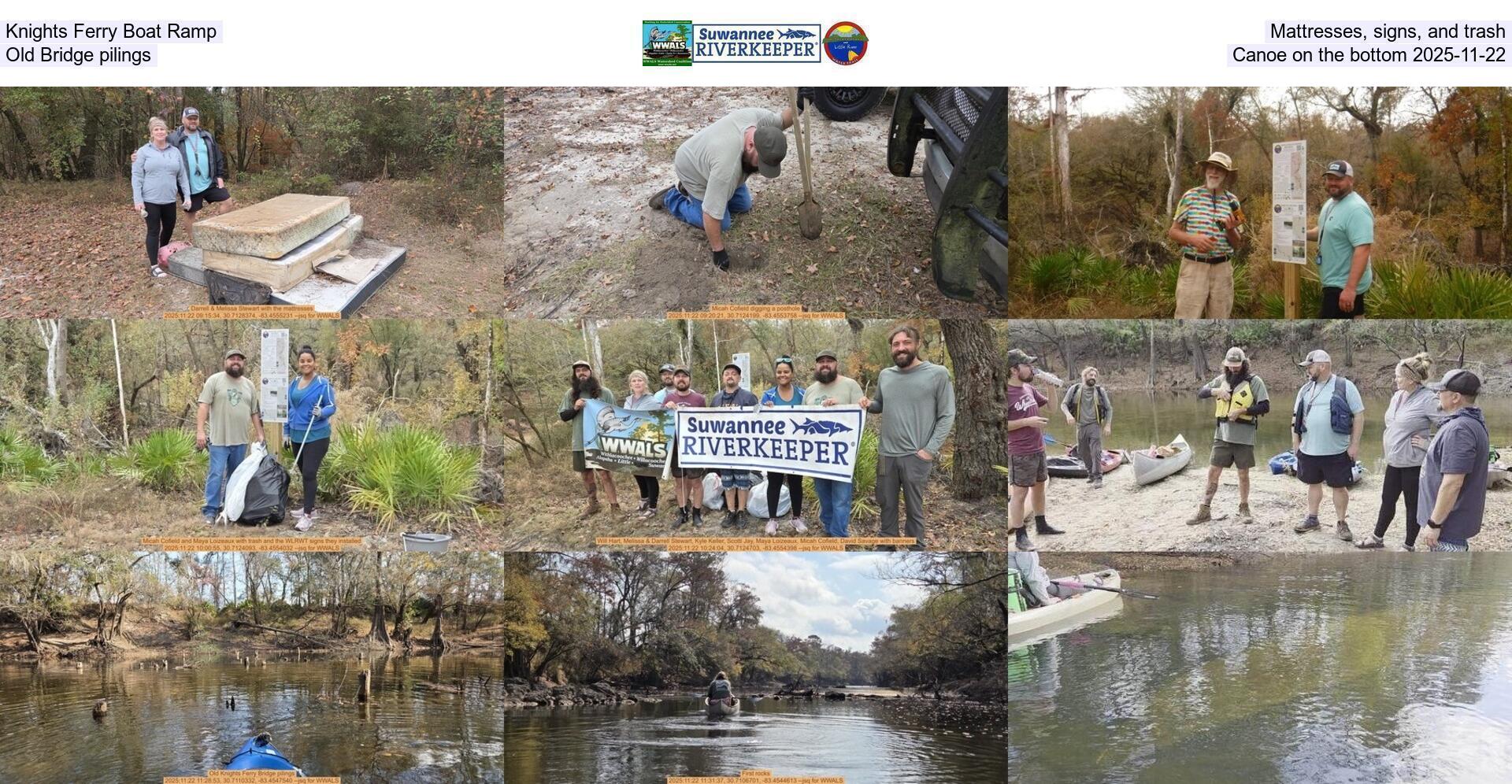 [Knights Ferry Boat Ramp, Mattresses, signs, and trash, Old Bridge pilings, Canoe on the bottom 2025-11-22]