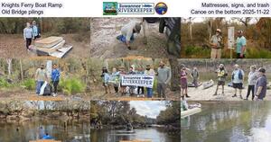 [Knights Ferry Boat Ramp, Mattresses, signs, and trash, Old Bridge pilings, Canoe on the bottom 2025-11-22]