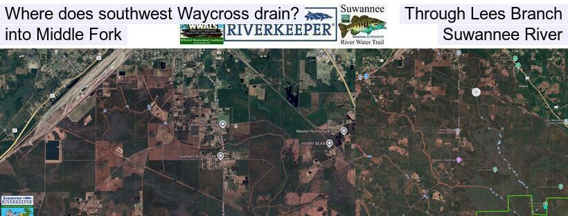 Where does southwest Waycross drain? Through Lees Branch, into Middle Fork, Suwannee River