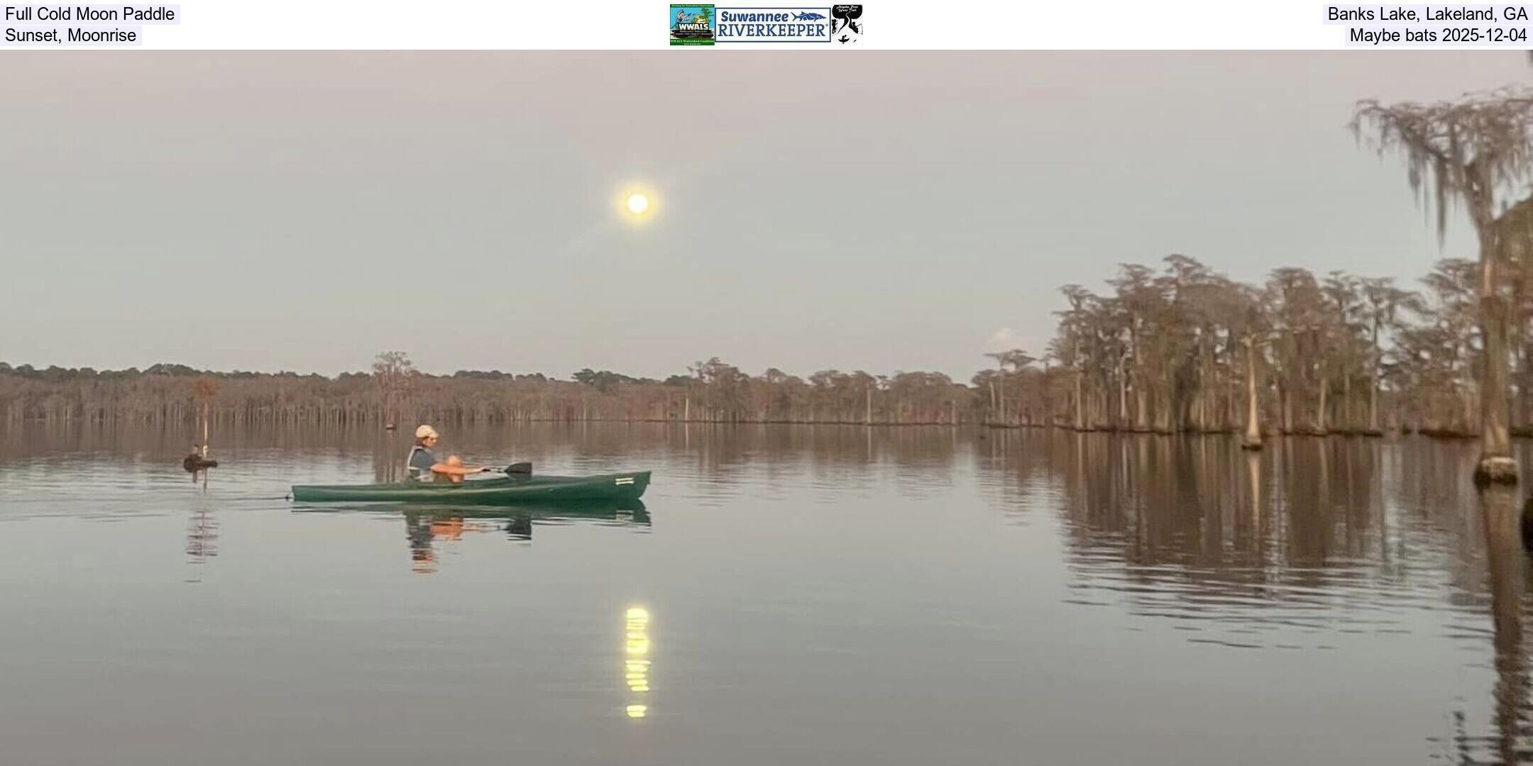 Full Cold Moon Paddle, Banks Lake, Lakeland, GA, Sunset, Moonrise, Maybe bats 2025-12-04