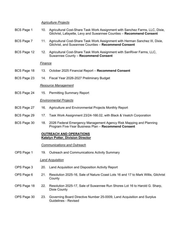 Agriculture, Finance, Permitting, Env. Projects, Outreach, Land Acquisition