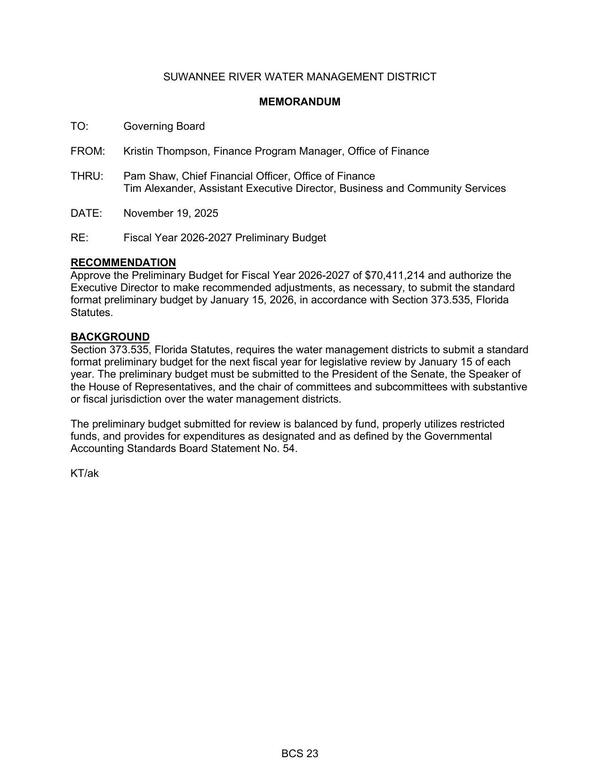 [format preliminary budget by January 15, 2026, in accordance with Section 373.535, Florida]