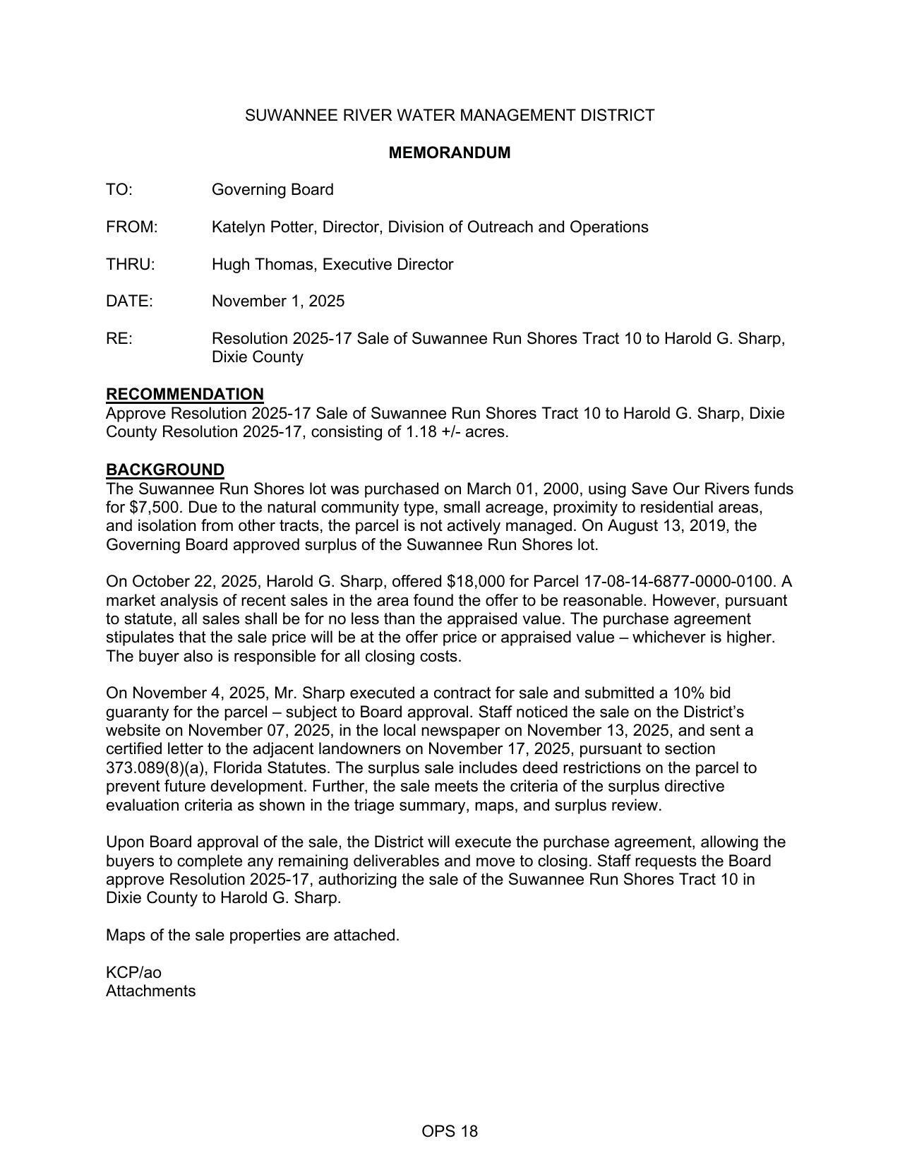 On October 22, 2025, Harold G. Sharp, offered $18,000 for Parcel 17-08-14-6877-0000-0100. A