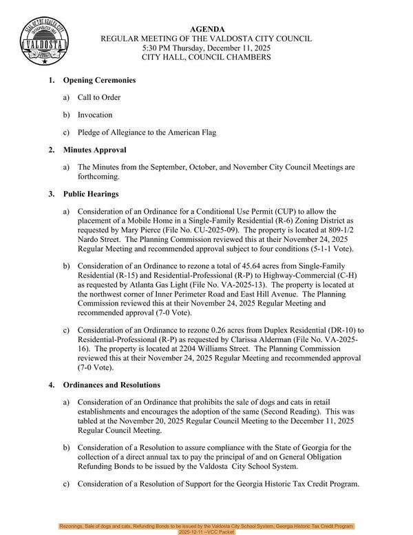 [Rezonings, Sale of dogs and cats, Refunding Bonds to be issued by the Valdosta City School System, Georgia Historic Tax Credit Program, 2025-12-11 --VCC Packet]
