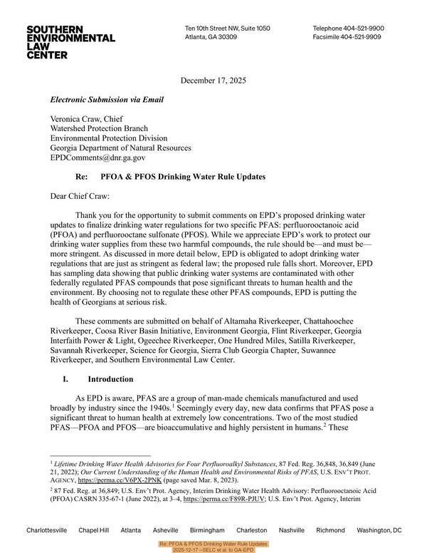 [Re: PFOA & PFOS Drinking Water Rule Updates 2025-12-17 --SELC et al. to GA-EPD]