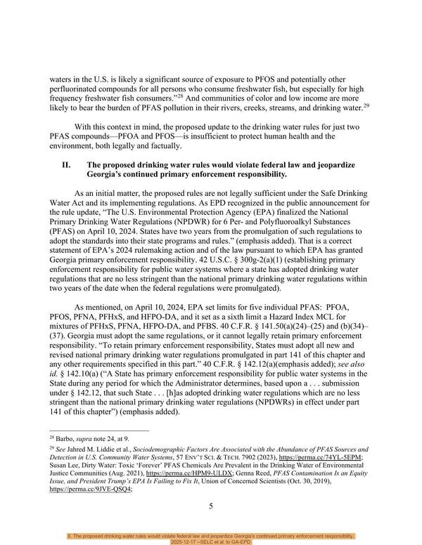 II. The proposed drinking water rules would violate federal law and jeopardize Georgia’s continued primary enforcement responsibility. 2025-12-17 --SELC et al. to GA-EPD