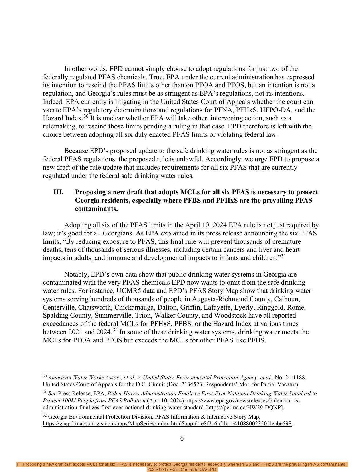 III. Proposing a new draft that adopts MCLs for all six PFAS is necessary to protect Georgia residents, especially where PFBS and PFHxS are the prevailing PFAS contaminants. 2025-12-17 --SELC et al. to GA-EPD