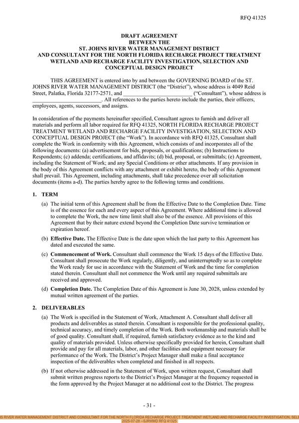 [DRAFT AGREEMENT BETWEEN THE ST. JOHNS RIVER WATER MANAGEMENT DISTRICT AND CONSULTANT FOR THE NORTH FLORIDA RECHARGE PROJECT TREATMENT WETLAND AND RECHARGE FACILITY INVESTIGATION, SELECTION AND CONCEPTUAL DESIGN PROJECT, 2025-07-28 --SJRWMD RFQ 41325]