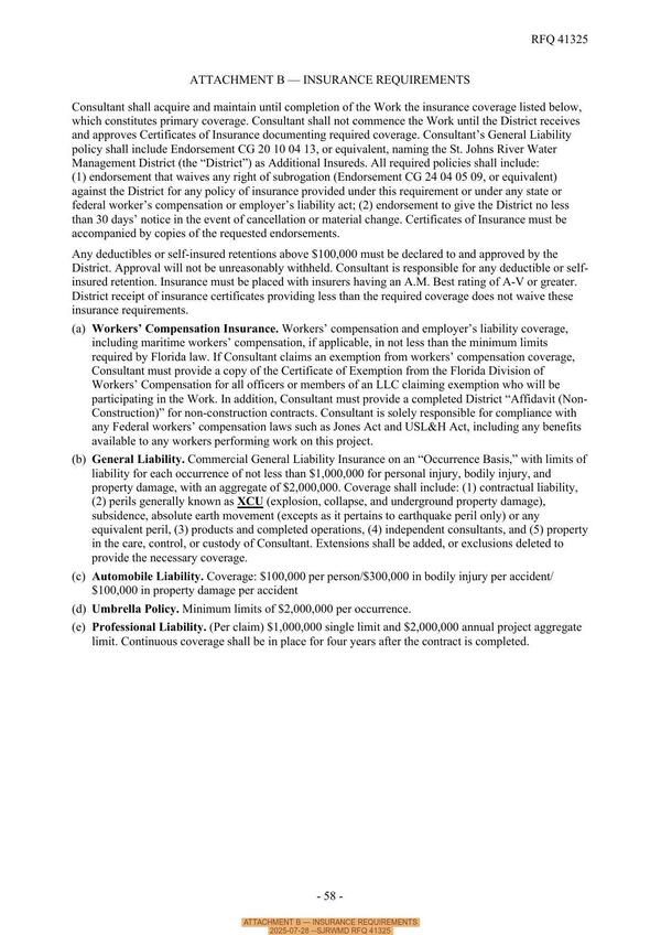 [ATTACHMENT B — INSURANCE REQUIREMENTS, 2025-07-28 --SJRWMD RFQ 41325]
