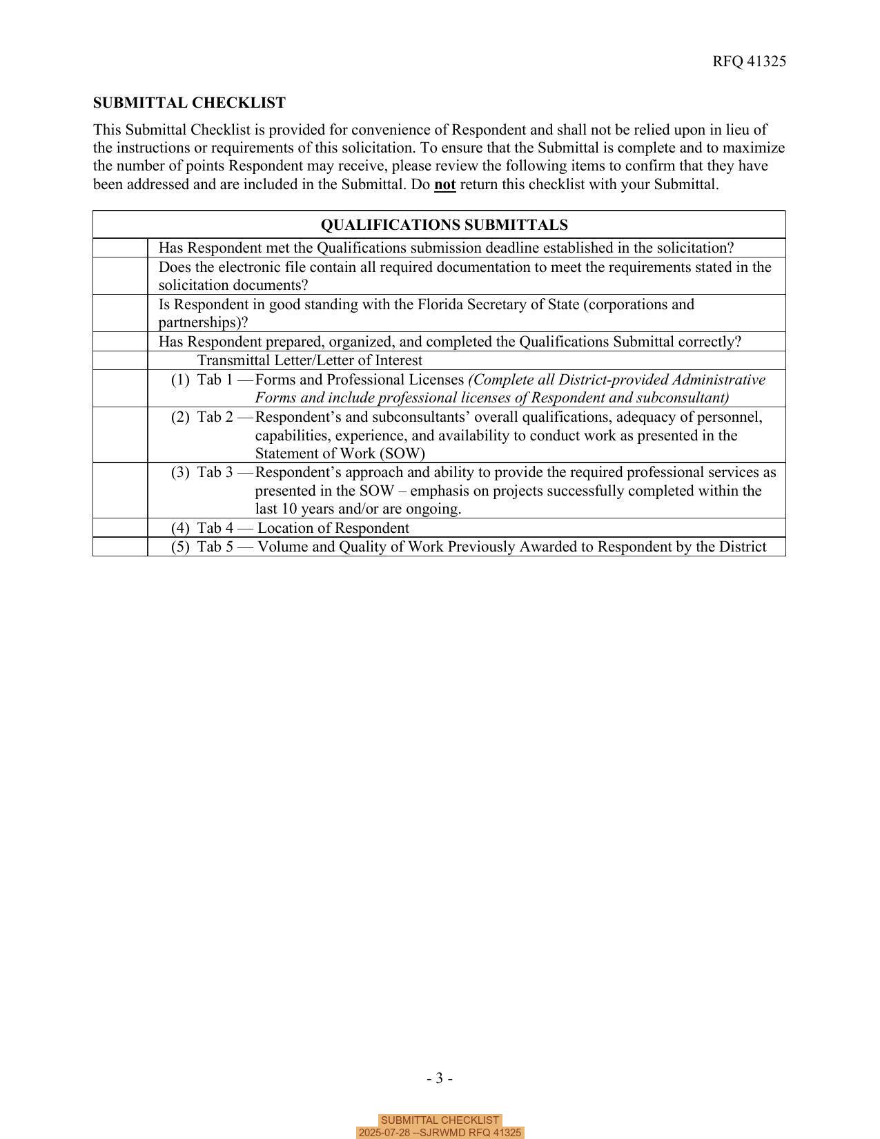SUBMITTAL CHECKLIST, 2025-07-28 --SJRWMD RFQ 41325