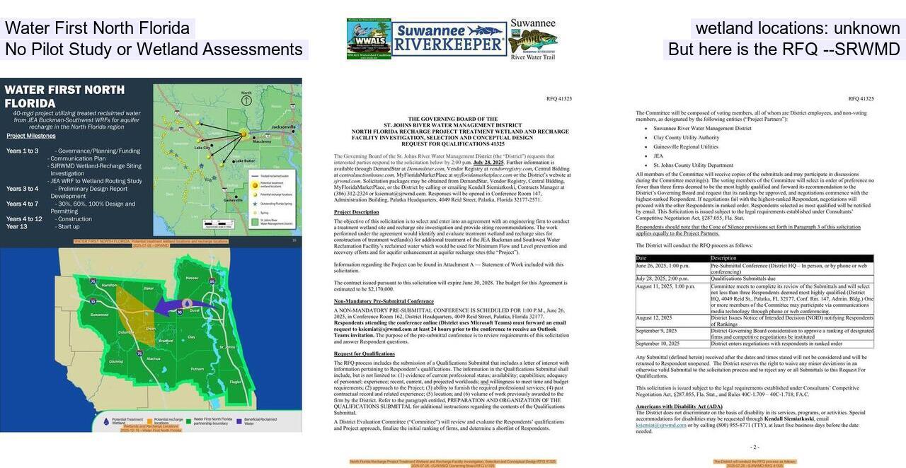 Water First North Florida wetland locations: unknown, No Pilot Study or Wetland Assessments, But here is the RFQ --SRWMD