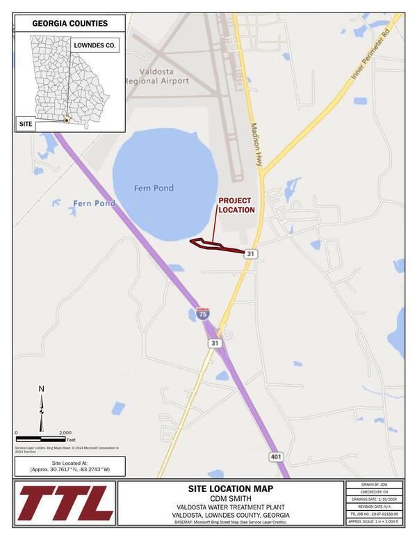 [Map: Site Location, Valdosta Water Treatment Plant, 2024-01-15 --TTL for CDM Smith for City of Valdosta]