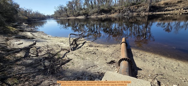 [Pilgrims Pride Outflow Pipe, Suwannee River, downstream to I-10 Bridge, 2025:12:20 11:52:20, 30.3657077, -83.1914188 --jsq for WWALS]