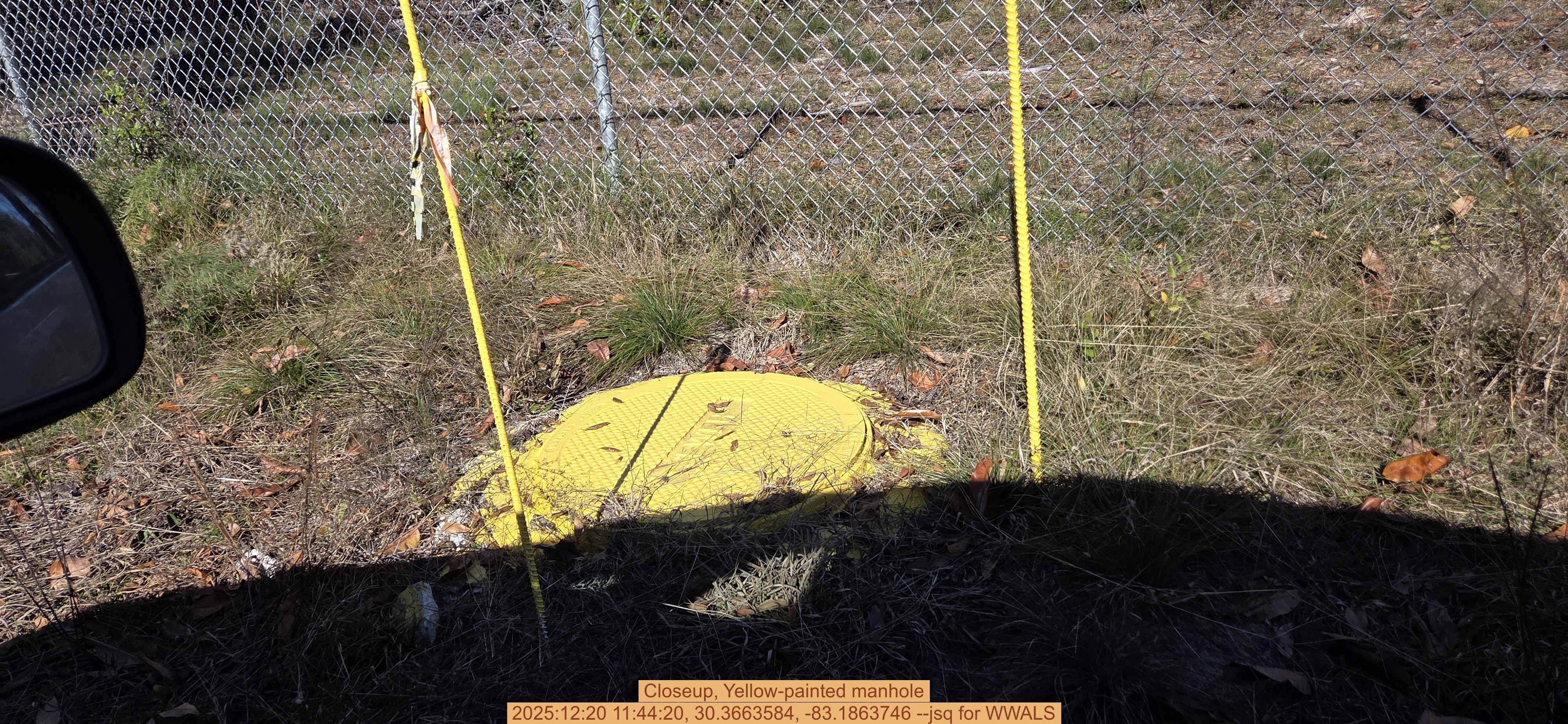 Closeup, Yellow-painted manhole, 2025:12:20 11:44:20, 30.3663584, -83.1863746 --jsq for WWALS
