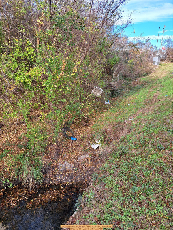 Upstream trash, Hightower Creek @ St. Augustine Road, 2025-12-30 --Suzy Hall for WWALS