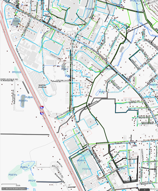Map: Valdosta Sewer Water Lines, 2026-01-03 --Valor GIS