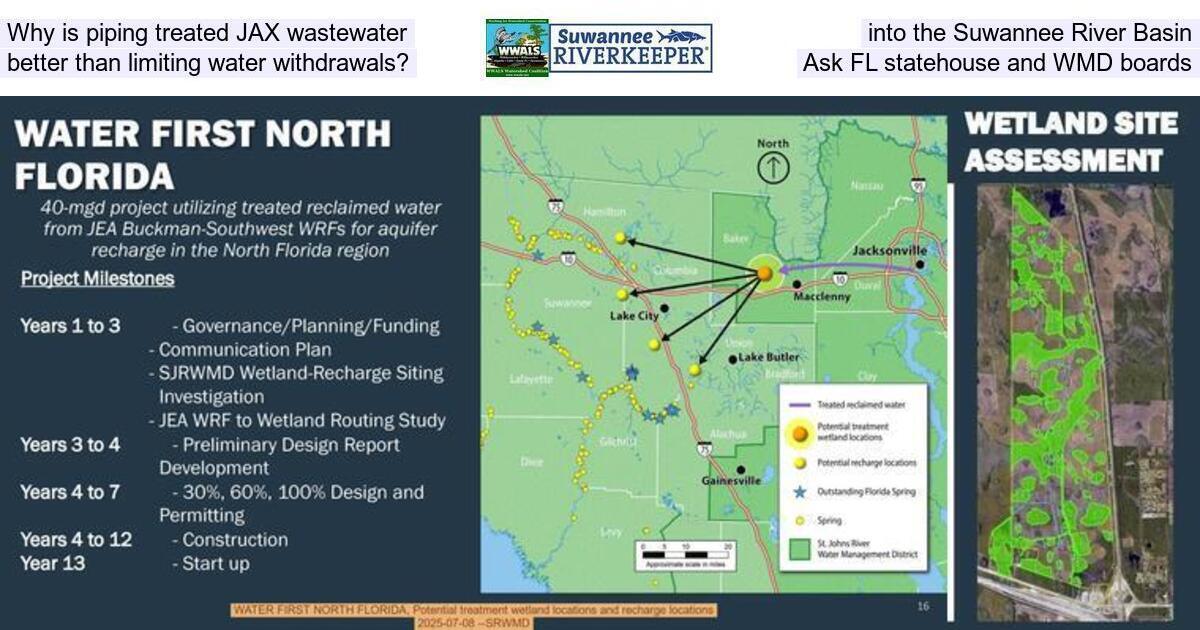 Why is piping treated JAX wastewater into the Suwannee River Basin, better than limiting water withdrawals? Ask FL statehouse and WMD boards