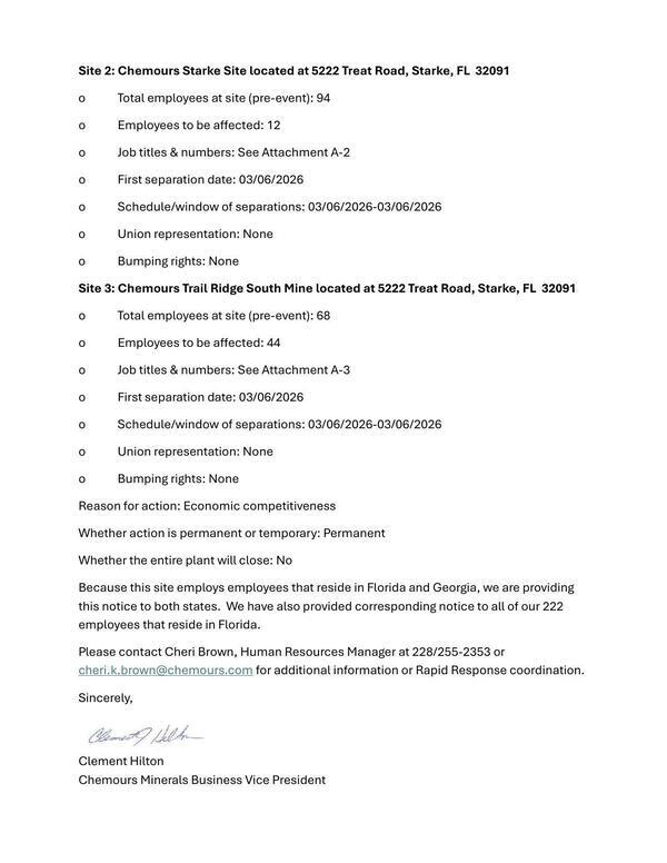 Site 2: Chemours Starke Site located at 5222 Treat Road, Starke, FL 32091; Site 3: Chemours Trail Ridge South Mine located at 5222 Treat Road, Starke, FL 32091