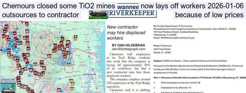 Chemours closed some TiO2 mines, now lays off workers 2026-01-06, outsources to contractor, because of low prices