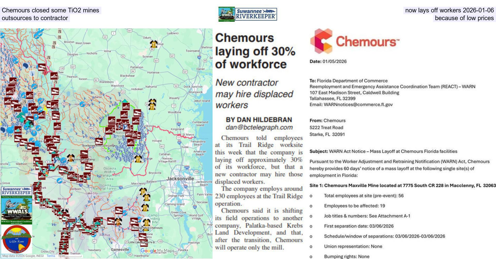 Chemours closed some TiO2 mines, now lays off workers 2026-01-06, outsources to contractor, because of low prices